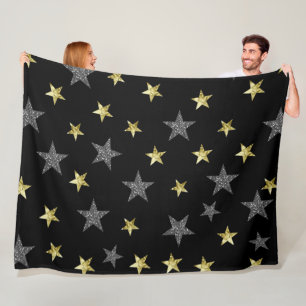 Silver & Gold Stars Black Hollywood Star Glam Fleece Blanket