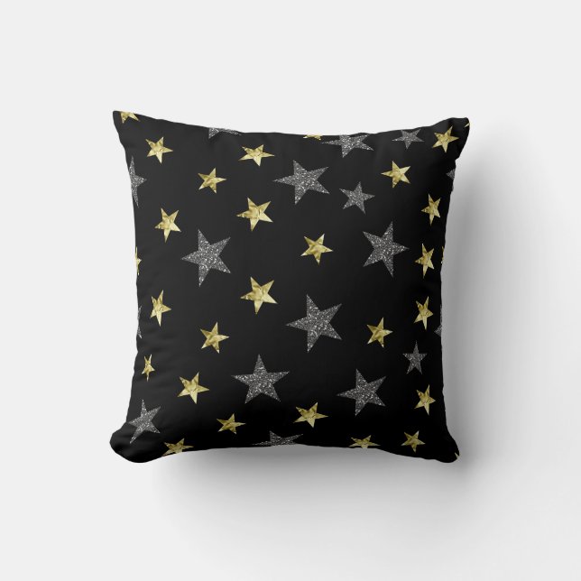 Silver & Gold Stars Black Hollywood Star Glam Throw Pillow (Front)