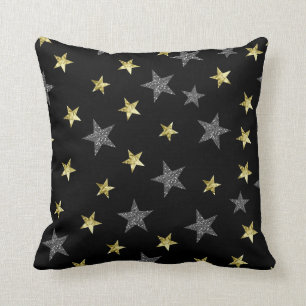 Silver & Gold Stars Black Hollywood Star Glam Throw Pillow