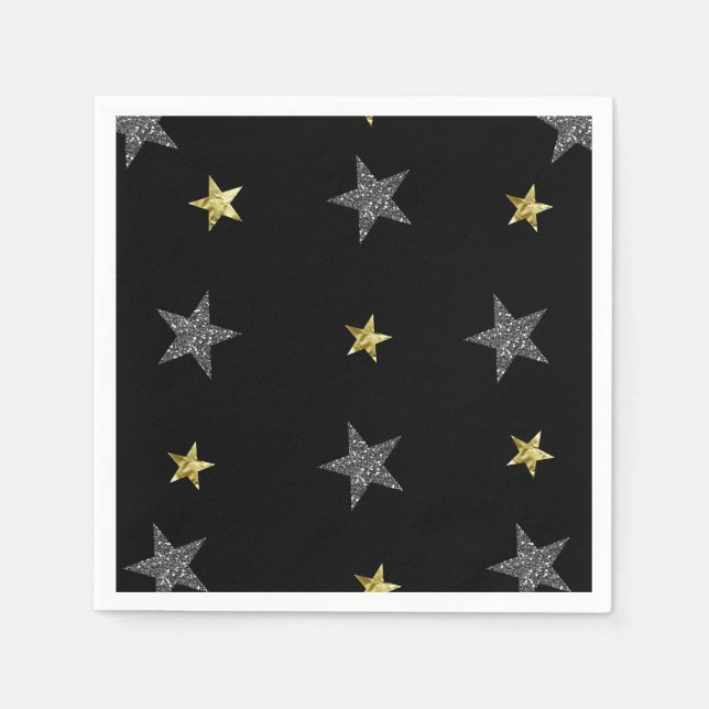 Silver & Gold Stars Black Hollywood Star Party Napkin (Front)