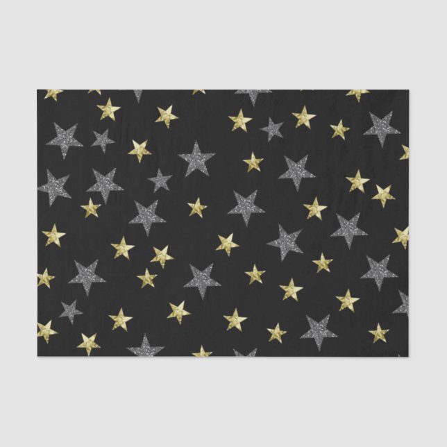 Silver & Gold Stars Black Hollywood Star Party Tissue Paper (Front)