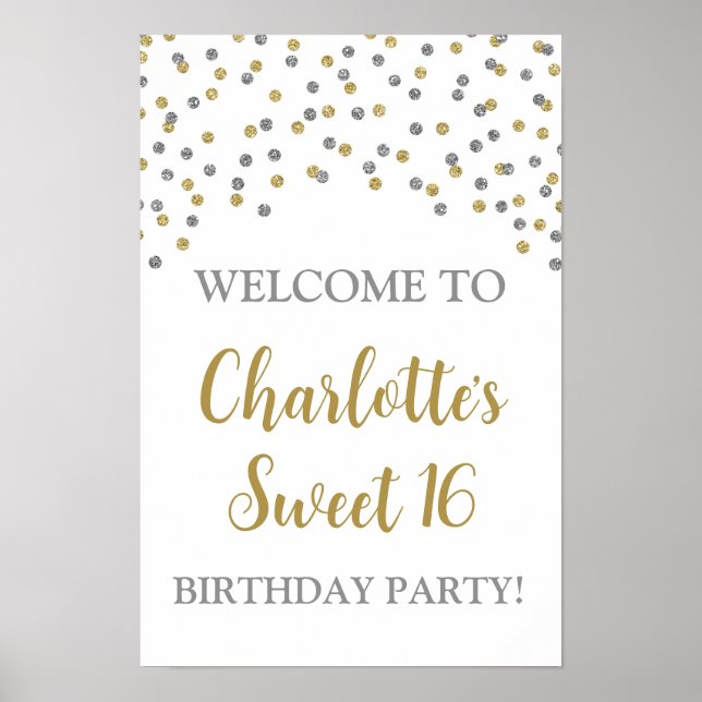 Silver Gold Sweet 16 Birthday Custom 12x18 Poster (Front)