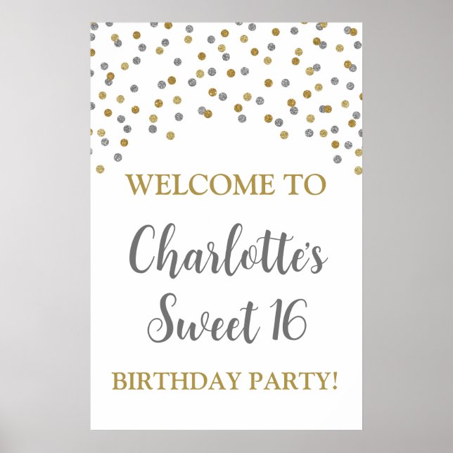 Silver Gold Sweet 16 Birthday Custom 20x30 Poster (Front)