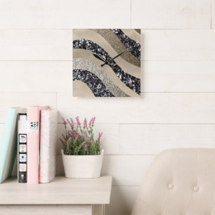 Silver Gold Wave Glitter Glam 1 Square Wall Clock