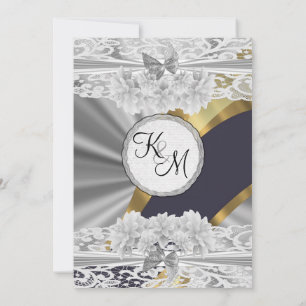 Silver gold white lace monogram wedding invitation