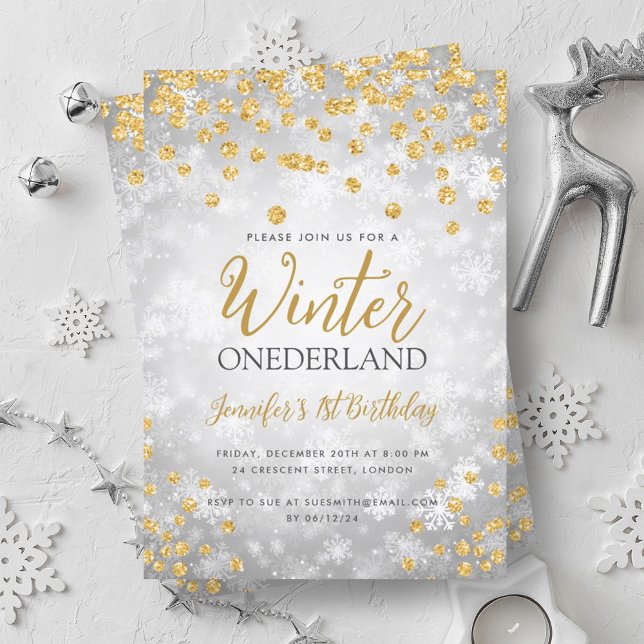 Silver Gold Winter ONEDERLAND Glitter 1st Birthday Invitation (Silver Gold Winter ONEDERLAND Glitter 1st Birthday Invitation)