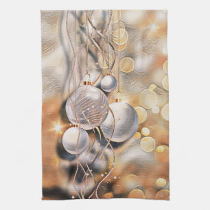 Silver golden Christmas ornaments watercolor  Kitchen Towel
