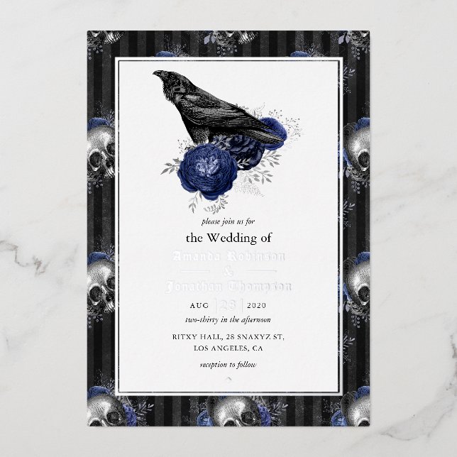 Silver Gothic Floral Wedding Foil Invitation (Front)