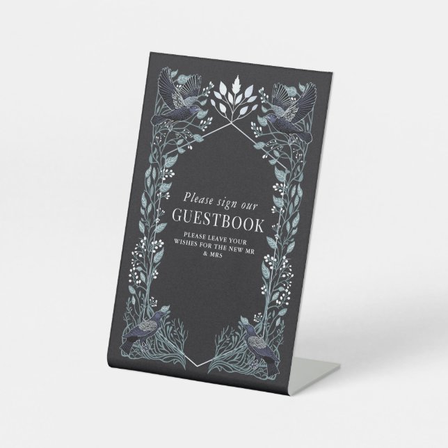 Silver Gothic Raven Wedding Guestbook Sign (Front)