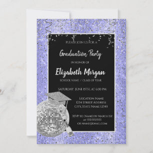 Silver Grad Cap,Disco Ball,Wine Violet Sequins Invitation