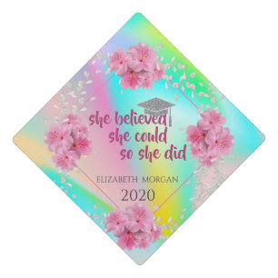 Silver Graduate Cap,Flowers,Holographic Graduation Cap Topper