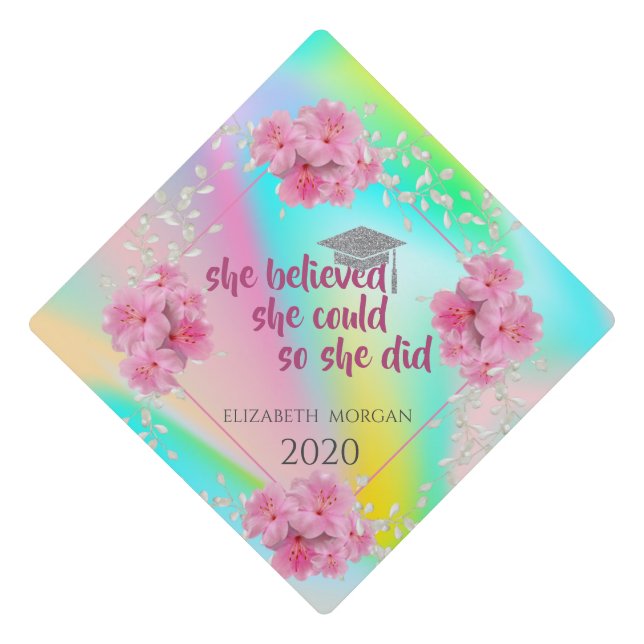 Silver Graduate Cap,Flowers,Holographic Graduation Cap Topper (Front)