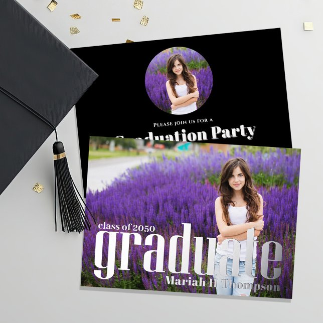 Silver Graduate Modern Photo Template (Graduate photo invitation announcement template. )