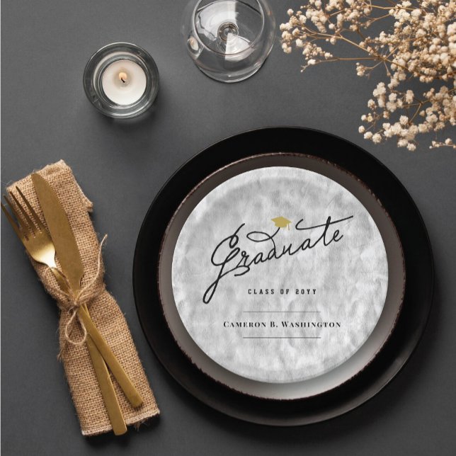 Silver Graduate Script Stylish Graduation Party Paper Plate (Silver Faux Foil Stylish Graduate Script Graduation Party Paper Plates @ fatfatin)