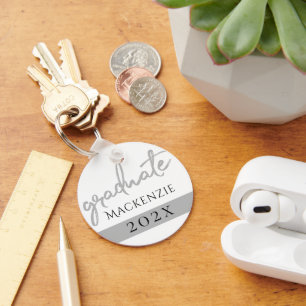 Silver Graduate   Trendy Platinum Brush on White Keychain