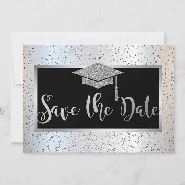 Silver  Graduation Cap,Confetti Save The Date (Front)