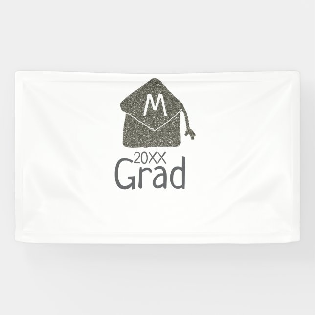 Silver graduation cap glitter add name grad year c banner (Horizontal)
