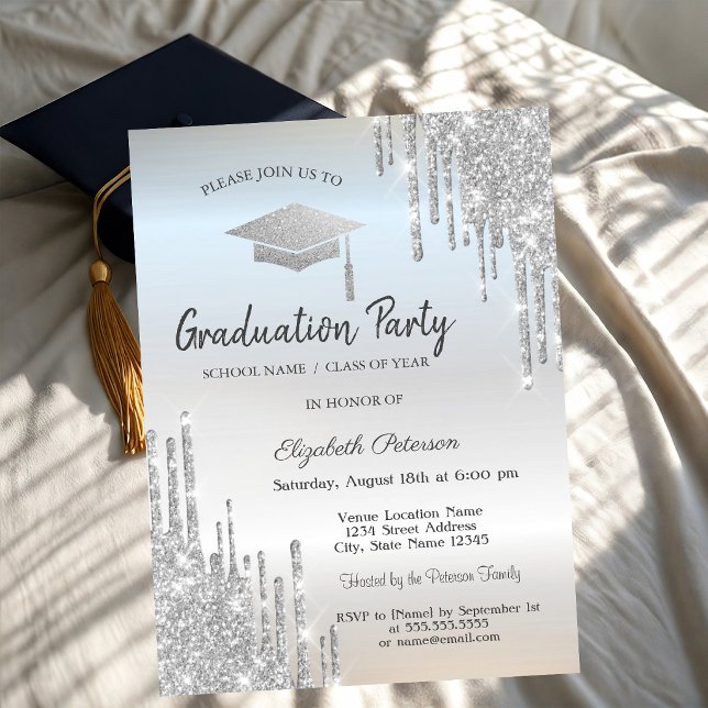 Silver Graduation Cap Glitter Drips Invitation (Creator Uploaded)