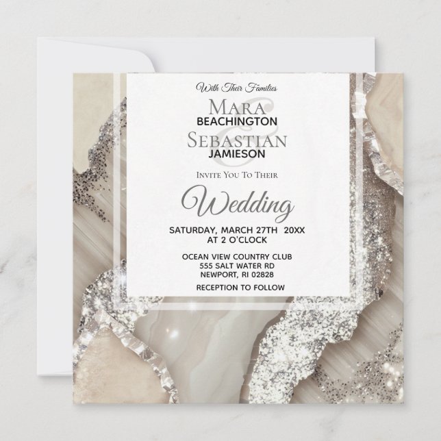 *~*SILVER GRAY AGATE Marble RSVP AR66 QR Wedding Invitation (Front)