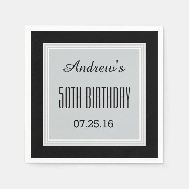 SILVER GRAY and BLACK 50th Birthday Custom A01 Napkin (Front)