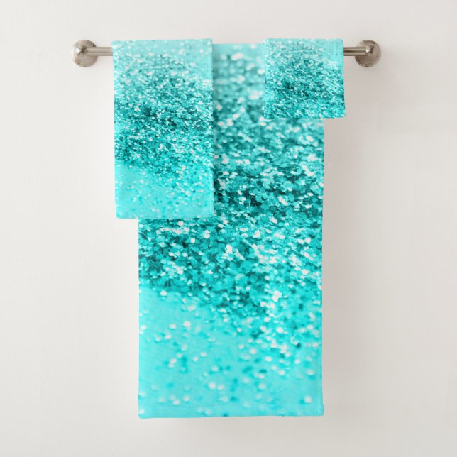 Silver Gray Aqua Teal Ocean Glitter #1 Bath Towel Set (Insitu)