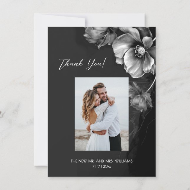 Silver Gray Black Floral Wedding Thank You (Front)