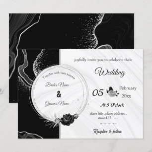 silver gray & black flowers botanical wedding invitation