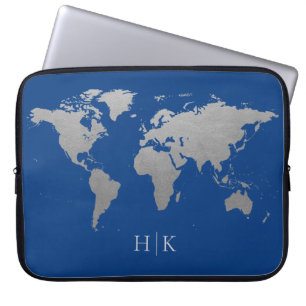 Silver Gray & Blue Professional World Map Monogram Laptop Sleeve