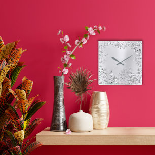 Silver Gray Floral Palm Monochrom Metallic Steel Square Wall Clock