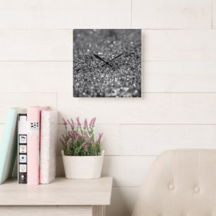 Silver Gray Glitter Bokeh Glam 2 Square Wall Clock