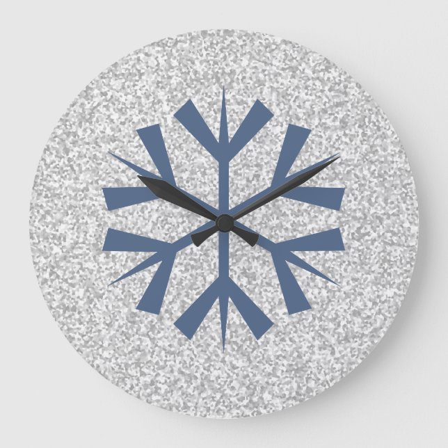 Silver Gray Glitter With Blue Snowflake Large Clock (Front)