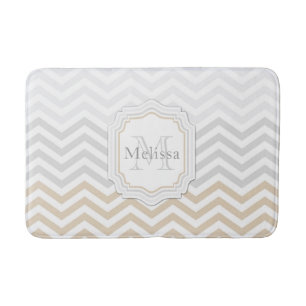 Silver Gray Gold Monogram Chevron Bath Mat
