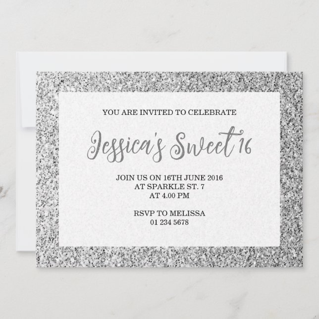 Silver gray sparkles Sweet 16 elegant script Invitation (Front)