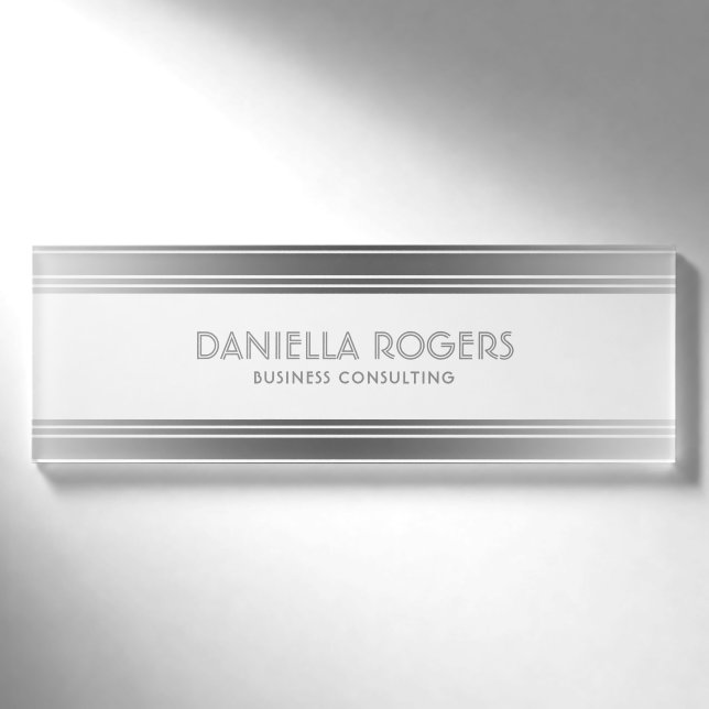 Silver Gray & White Stripes Geometric Design Name Tag (Front)