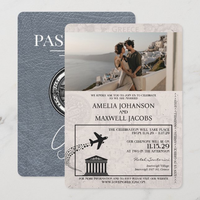 Silver Greece Passport Wedding Invitation (Front/Back)
