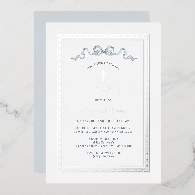 Silver Greek Frame Dusty Blue Bow Baptism (Front/Back)