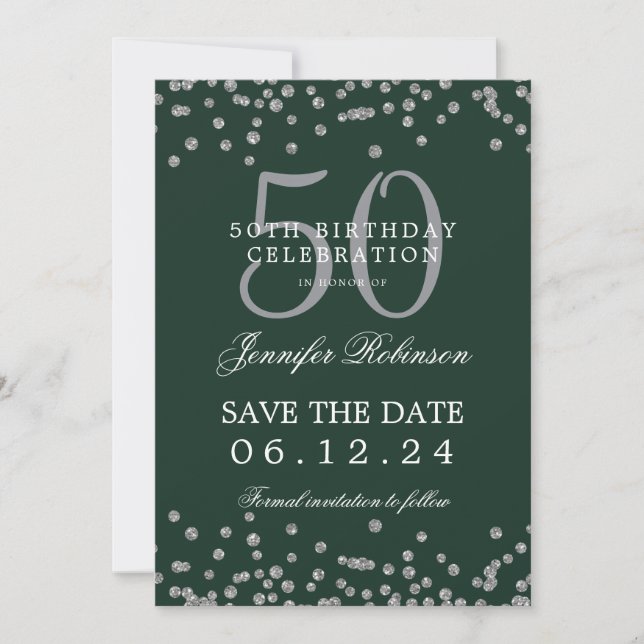 Silver Green 50th Birthday Save the Date Confetti Invitation (Front)