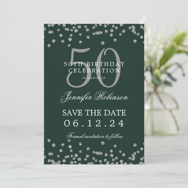 Silver Green 50th Birthday Save the Date & Details Invitation (Standing Front)
