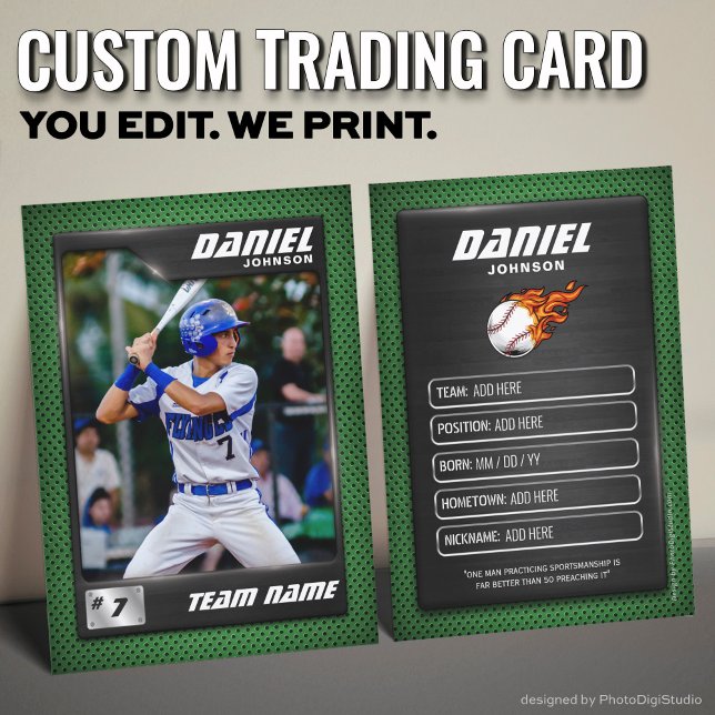 Silver Green Baseball Trading Card Baseball Player (Custom Baseball Trading Card, Modern Green Player Card)