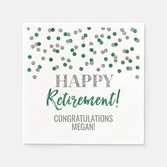 Silver Green Confetti Happy Retirement Napkin (Front)