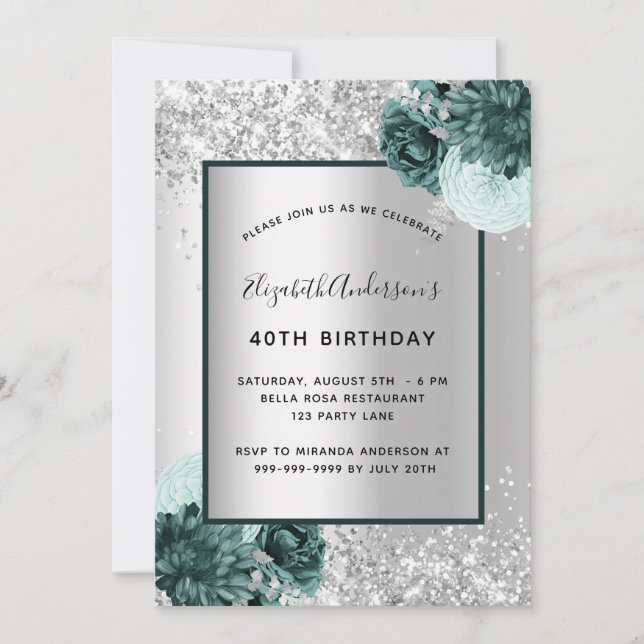 Silver green floral elegant birthday invitation (Front)