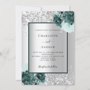 Silver green floral wedding invitation