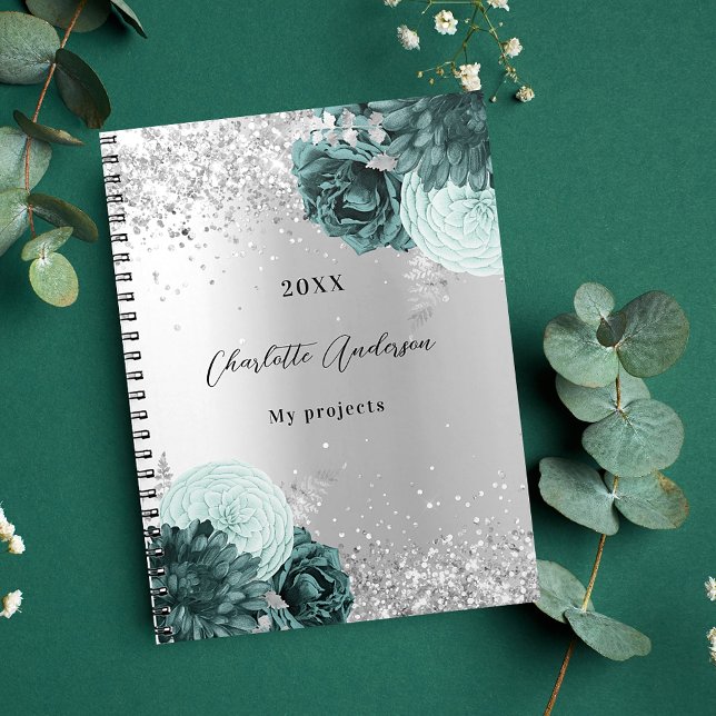 Silver green florals elegant glamorous notebook (Creator Uploaded)