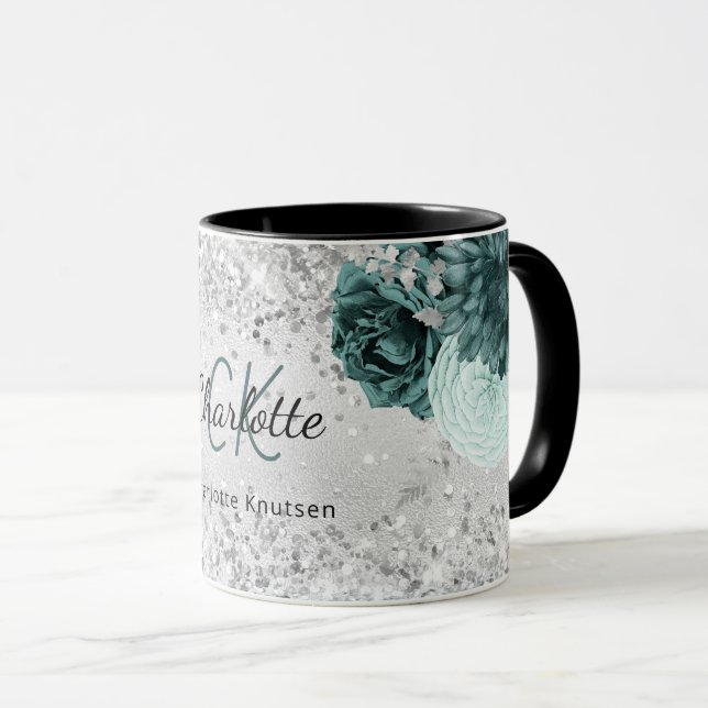 Silver green florals elegant monogram name mug (Front Right)
