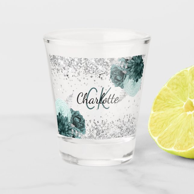 Silver green flowers elegant monogram name shot glass (Front)