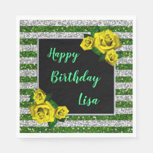 Silver Green Glitter Stripes Yellow Roses Birthday Napkin