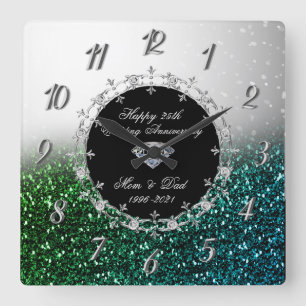 Silver Green Glittery 25th Wedding Anniversary Square Wall Clock