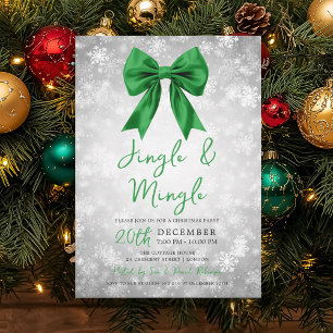 Silver Green Jingle Mingle Xmas Party Bow Snow Invitation