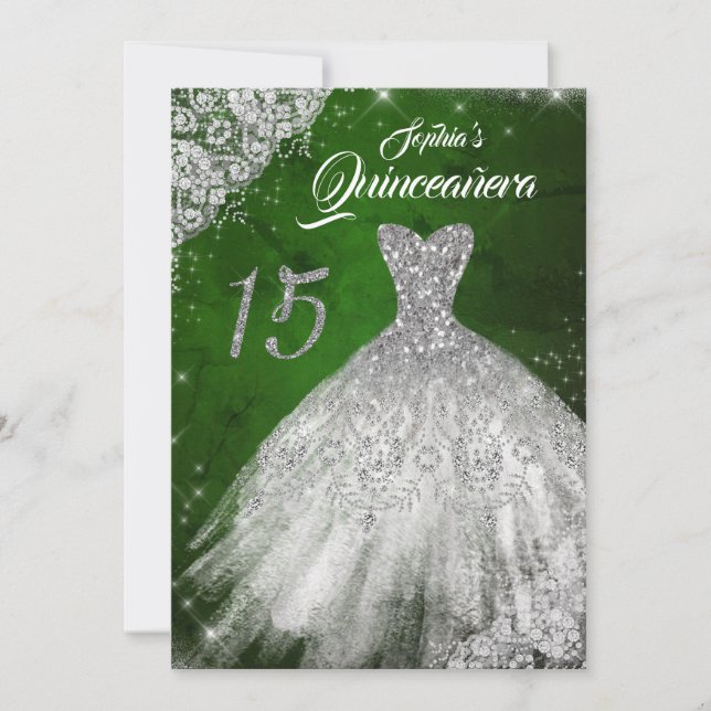 Silver Green Lace Diamond Sparkle Gown Quinceanera Invitation (Front)