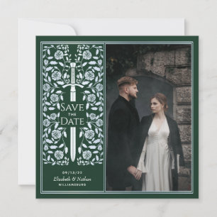 Silver Green Medieval Sword Save the Date Photo Invitation